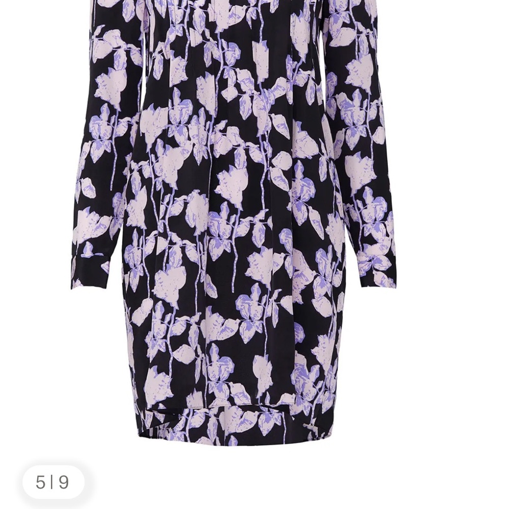 Diane von Furstenberg Black Purple Joyce Floral Silk Pleated Shift Dress Small